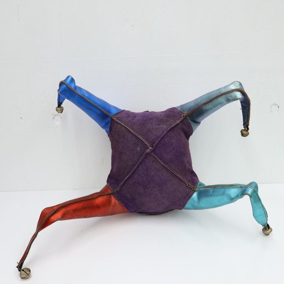 Vintage Jesters Hat Leather Helmet with Bells Hat 4 Point Red Green Blue Purple - Picture 4 of 6